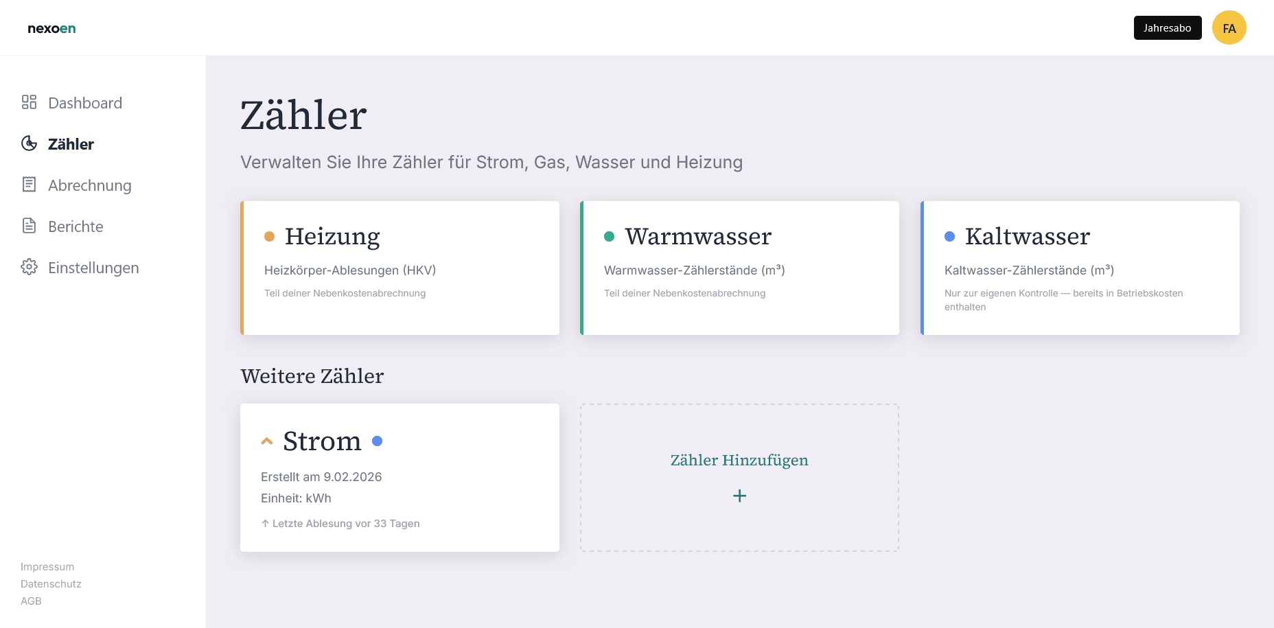 nexoen Zähler-Übersicht mit Heizung, Warmwasser, Kaltwasser und Strom